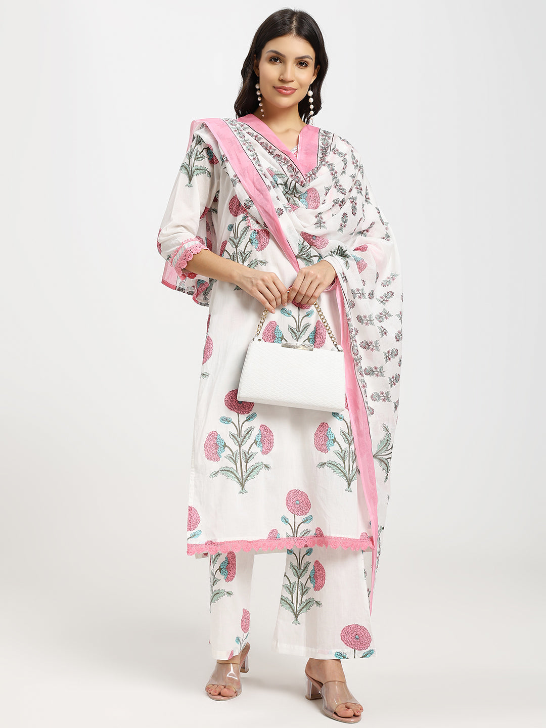 White Jaipur-Printed Kurta Set (3PC) featuring Delicate Lace and Light Sequin Embellishments