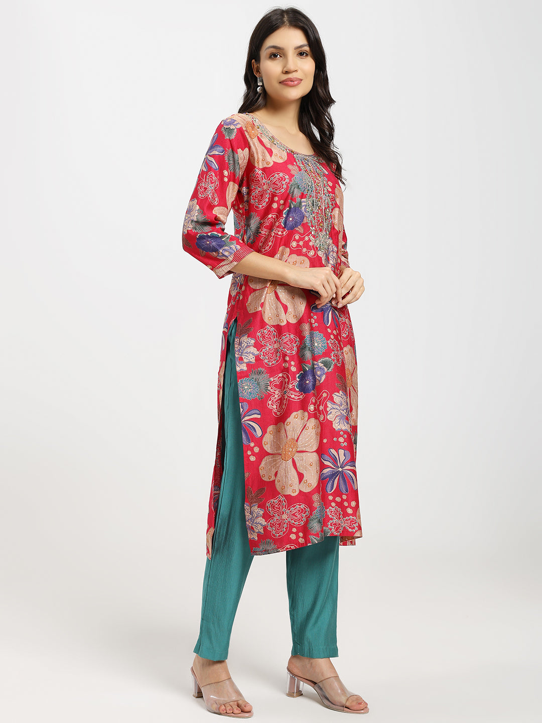 3-Piece Kurta Set with Intricate Golden Thread Embroidery | Royal Pink