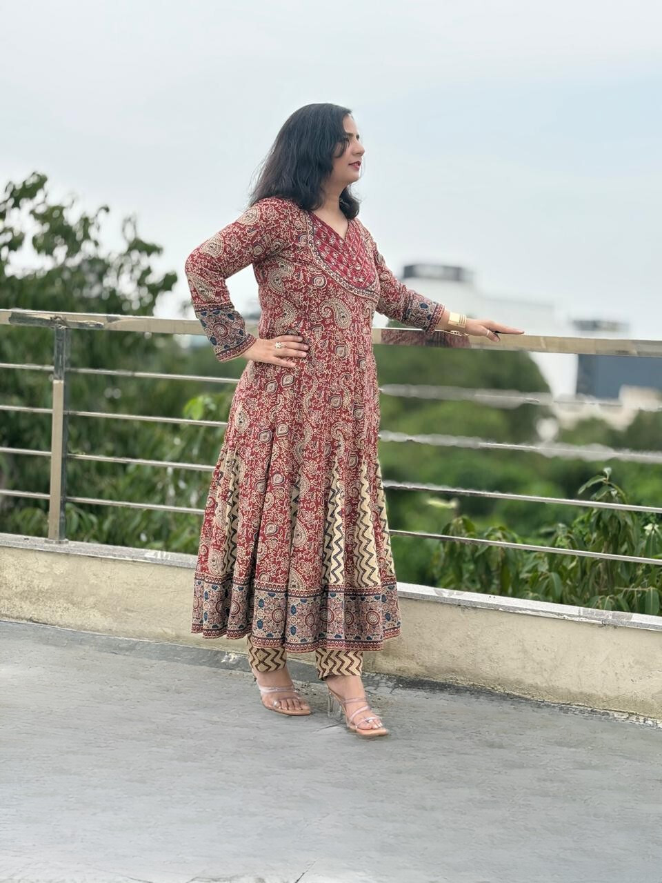 Jaipuri Maroon Anarkali Set with Chevron Detailing