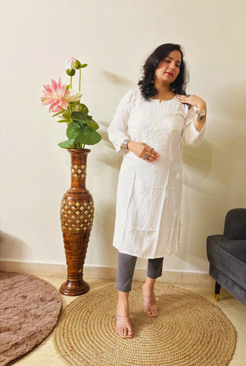 Rayon Chikankari White Kurti