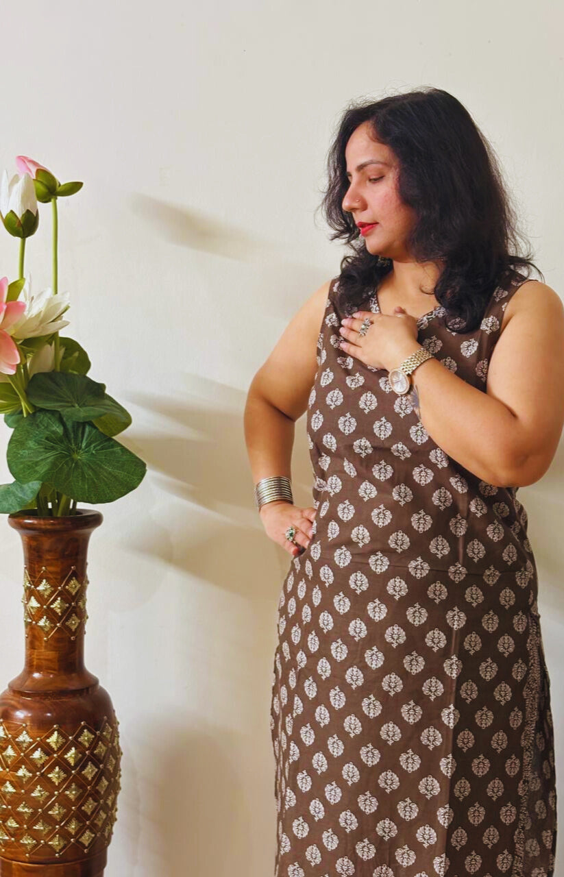2 Pc Jaipuri Kurti & Bottom | Brown