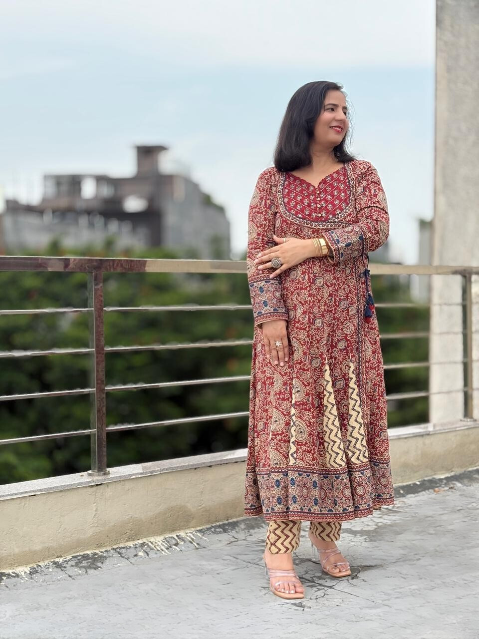 Jaipuri Maroon Anarkali Set with Chevron Detailing