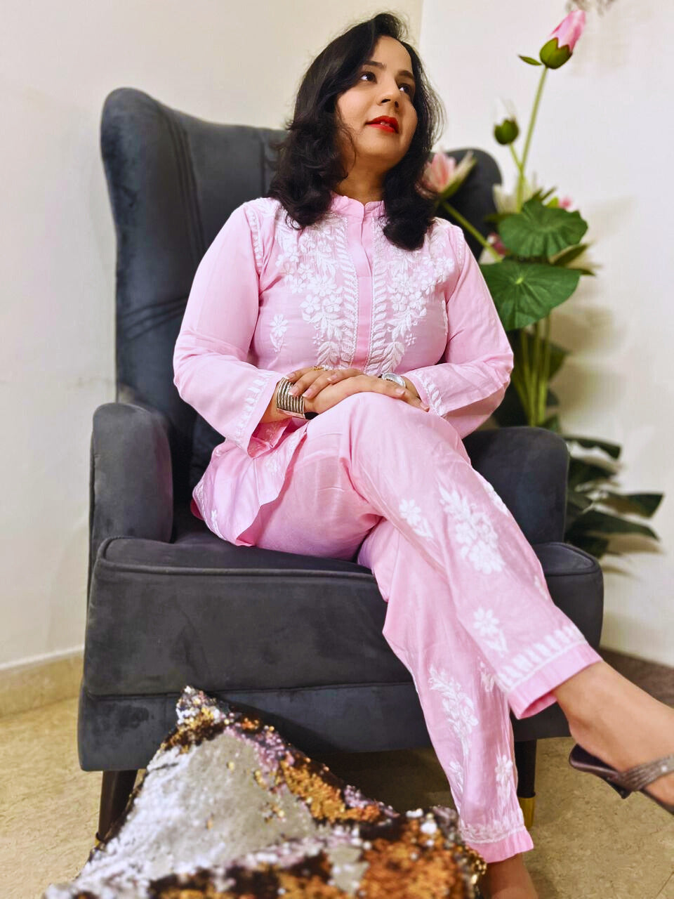Chanderi Chikankari Coord Set Pink