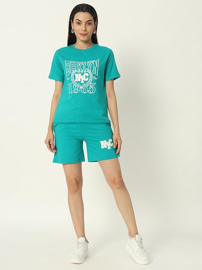 Women's Co-ord Set | Set of Printed T-Shirt and Shorts | Green