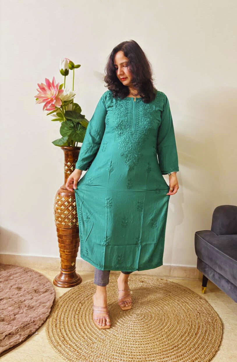 Rayon Chikankari Green Kurti