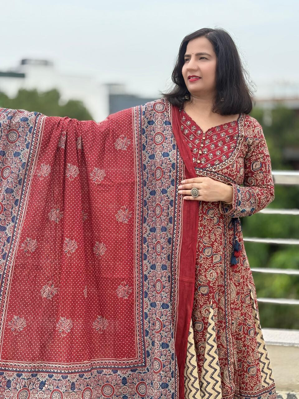 Jaipuri Maroon Anarkali Set with Chevron Detailing