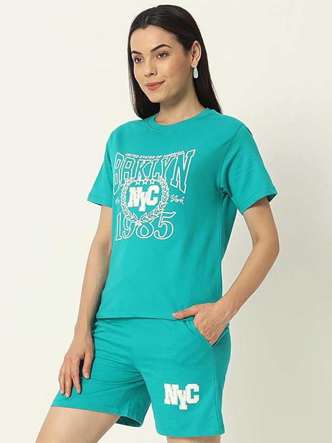 Women's Co-ord Set | Set of Printed T-Shirt and Shorts | Green