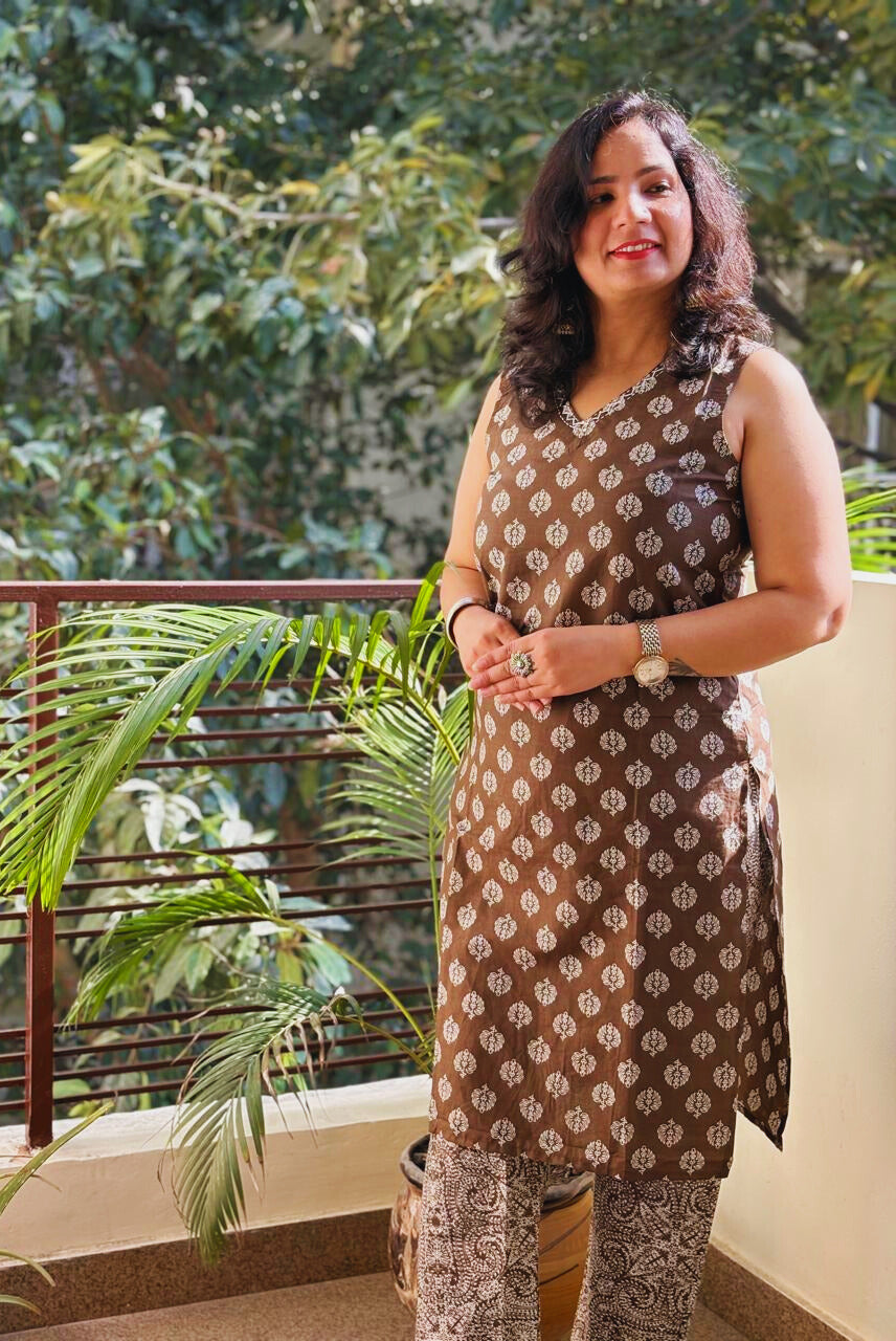 2 Pc Jaipuri Kurti & Bottom | Brown