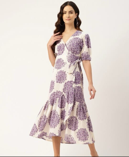OVERLAPPED PRINTED DRESS | PURPLE