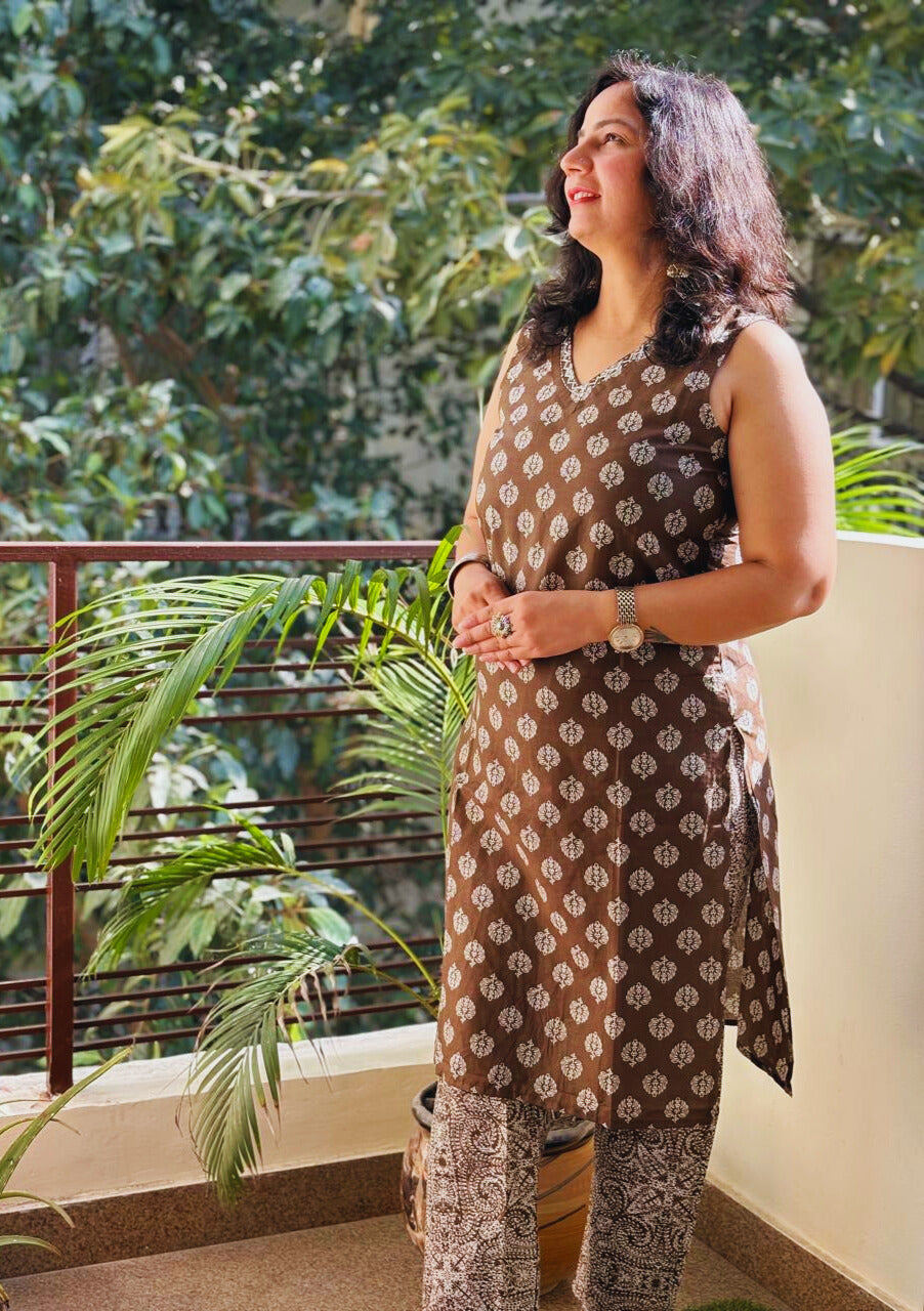 2 Pc Jaipuri Kurti & Bottom | Brown