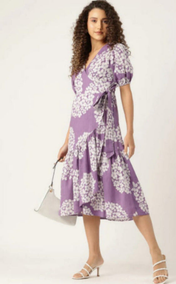 OVERLAPPED PRINTED DRESS | PURPLE