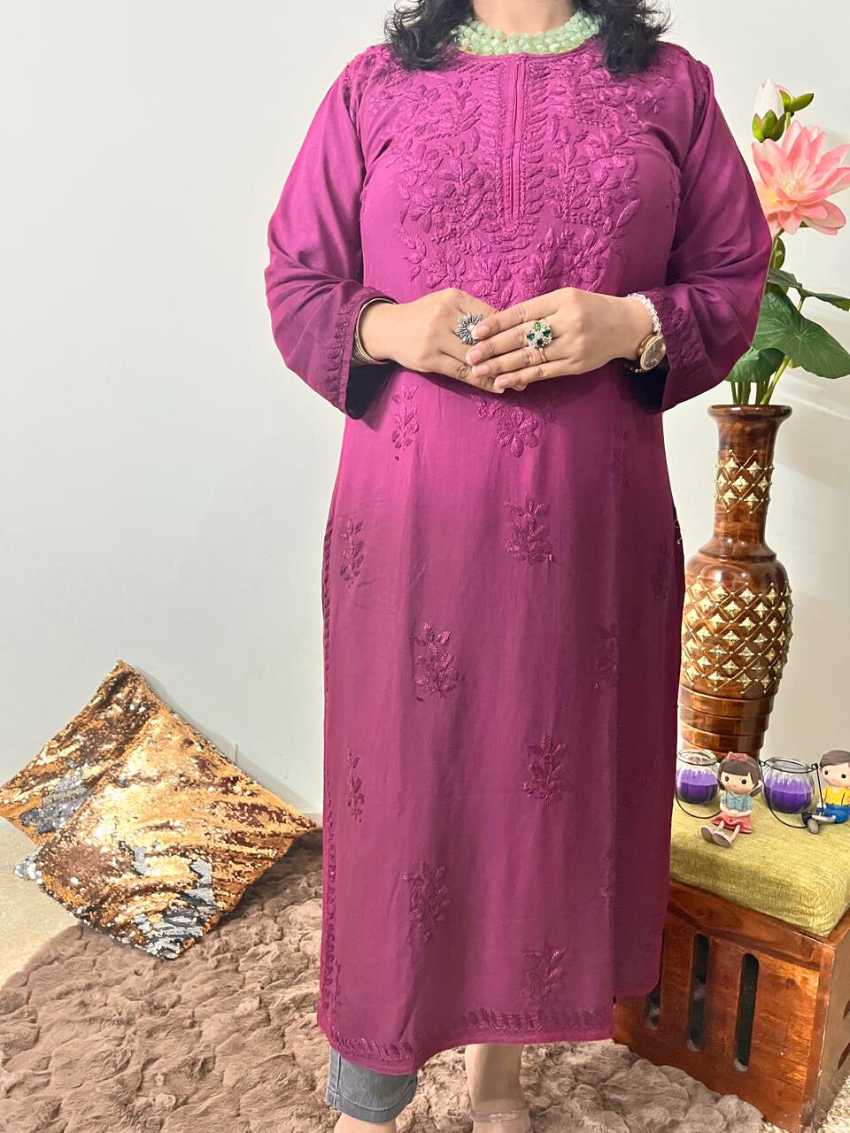Rayon Chikankari Kurti | Reddish Pink