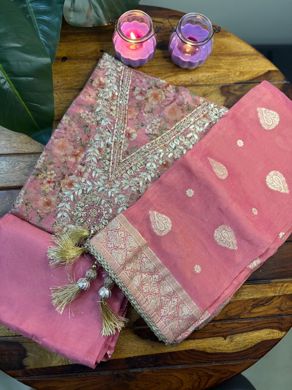 Unstitched 3PC Tissue Suite Set | Pink | Tissue Fabric