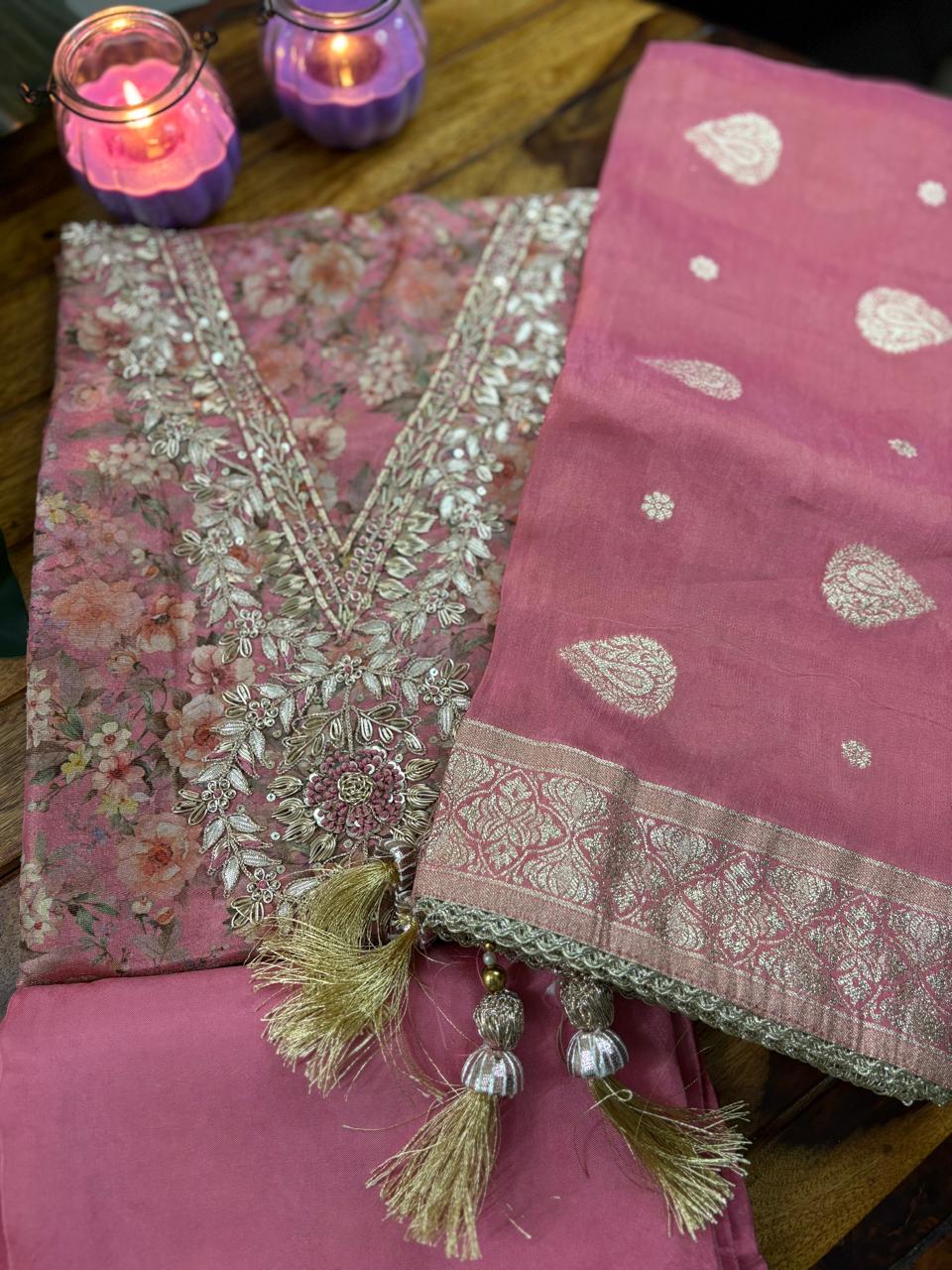 Unstitched 3PC Tissue Suite Set | Pink | Tissue Fabric