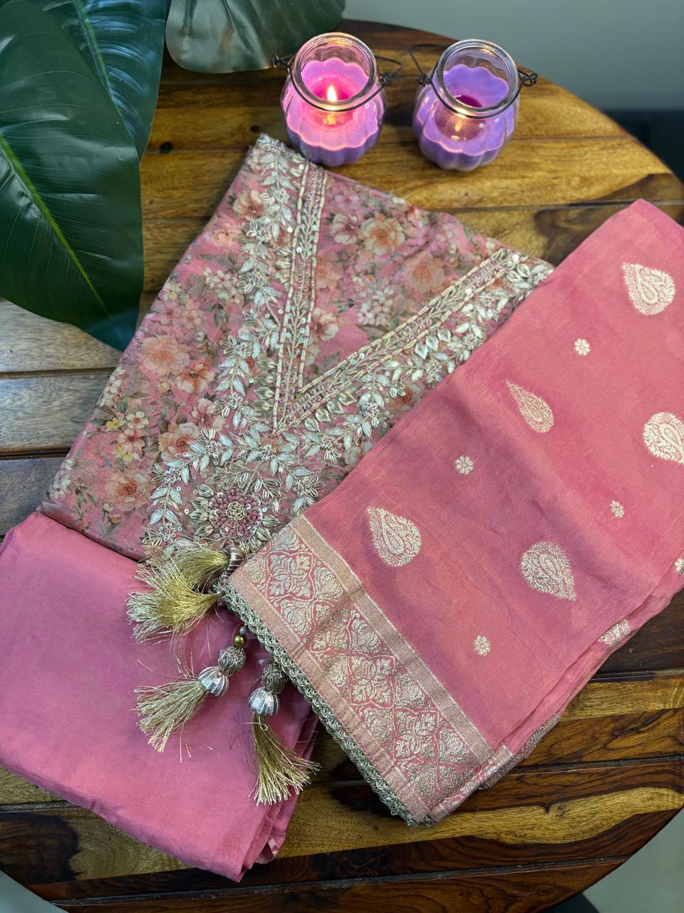 Unstitched 3PC Tissue Suite Set | Pink | Tissue Fabric