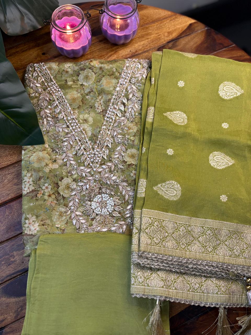 Unstitched 3PC Tissue Suite Set | Green | Tissue Fabric