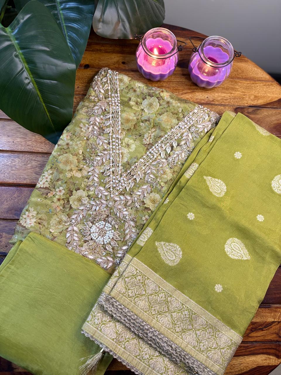 Unstitched 3PC Tissue Suite Set | Green | Tissue Fabric