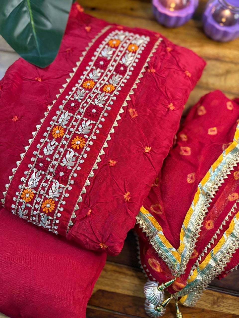 Unstitched 3PC Sarara Suite Set | Red | Upada Silk