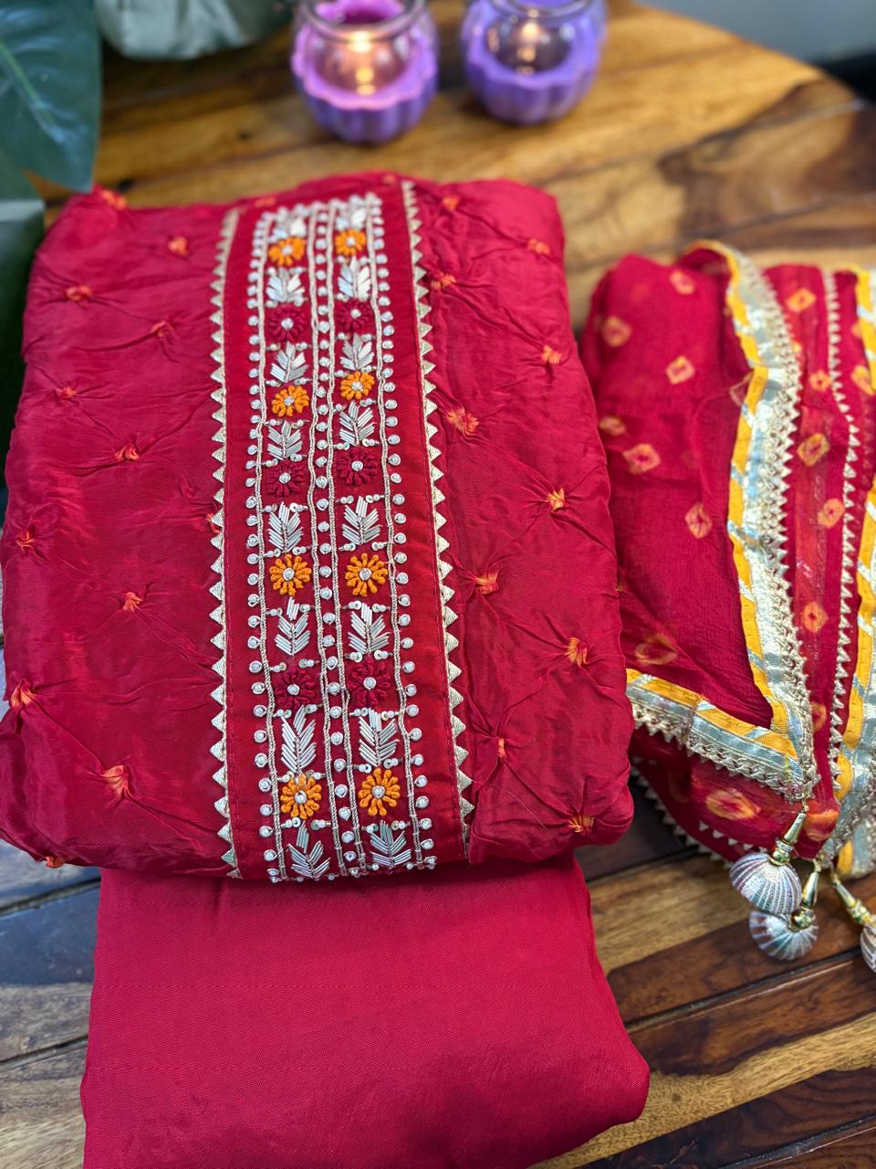 Unstitched 3PC Sarara Suite Set | Red | Upada Silk