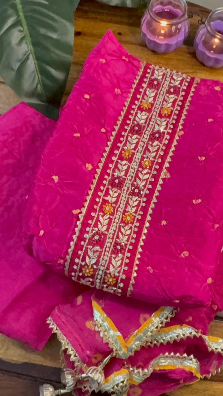 Unstitched 3PC Sarara Suite Set | Royal Pink | Upada Silk