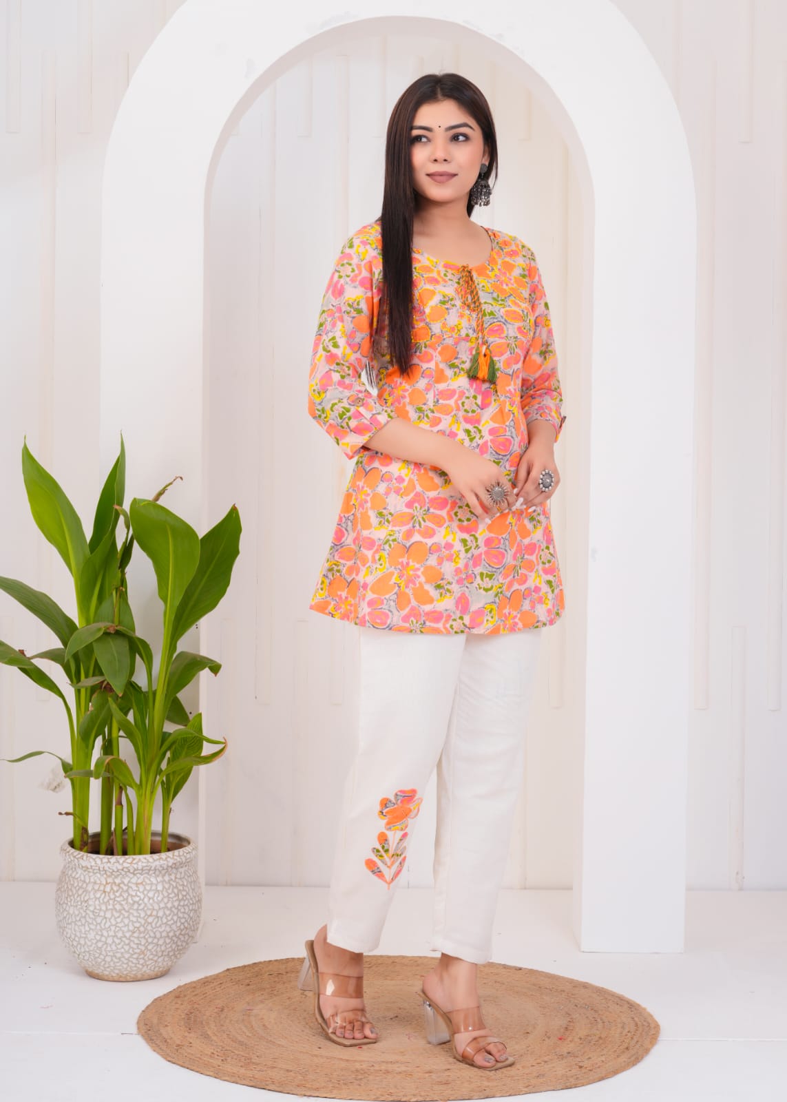 Multi Color top & Cream Color Pant Set