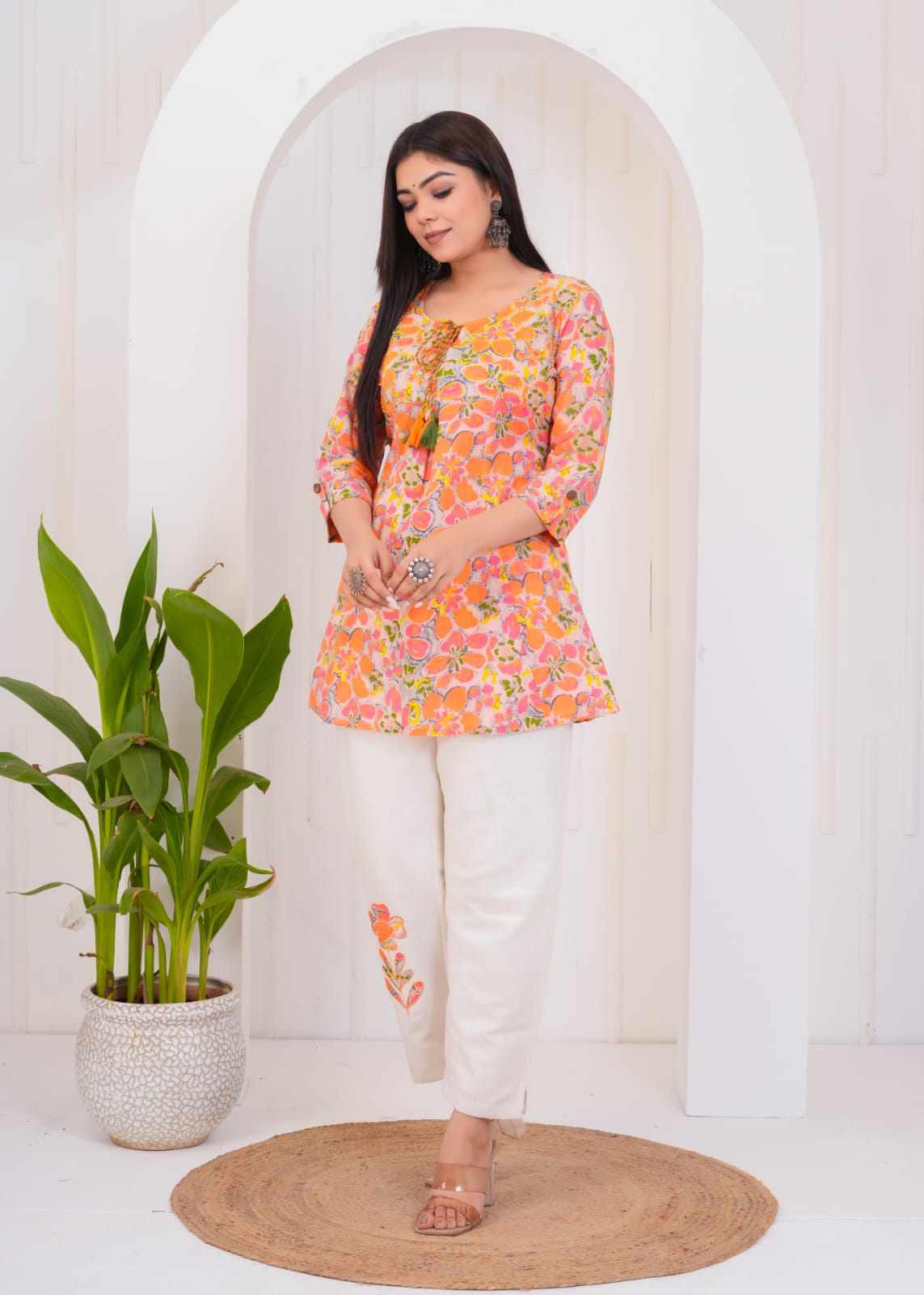 Multi Color top & Cream Color Pant Set