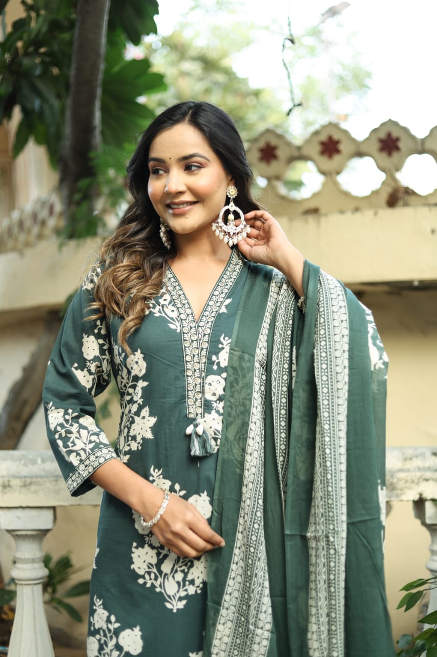 Jaipuri Dupatta Suit Set | Green