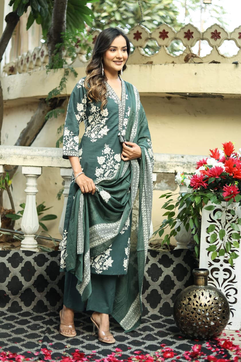 Jaipuri Dupatta Suit Set | Green