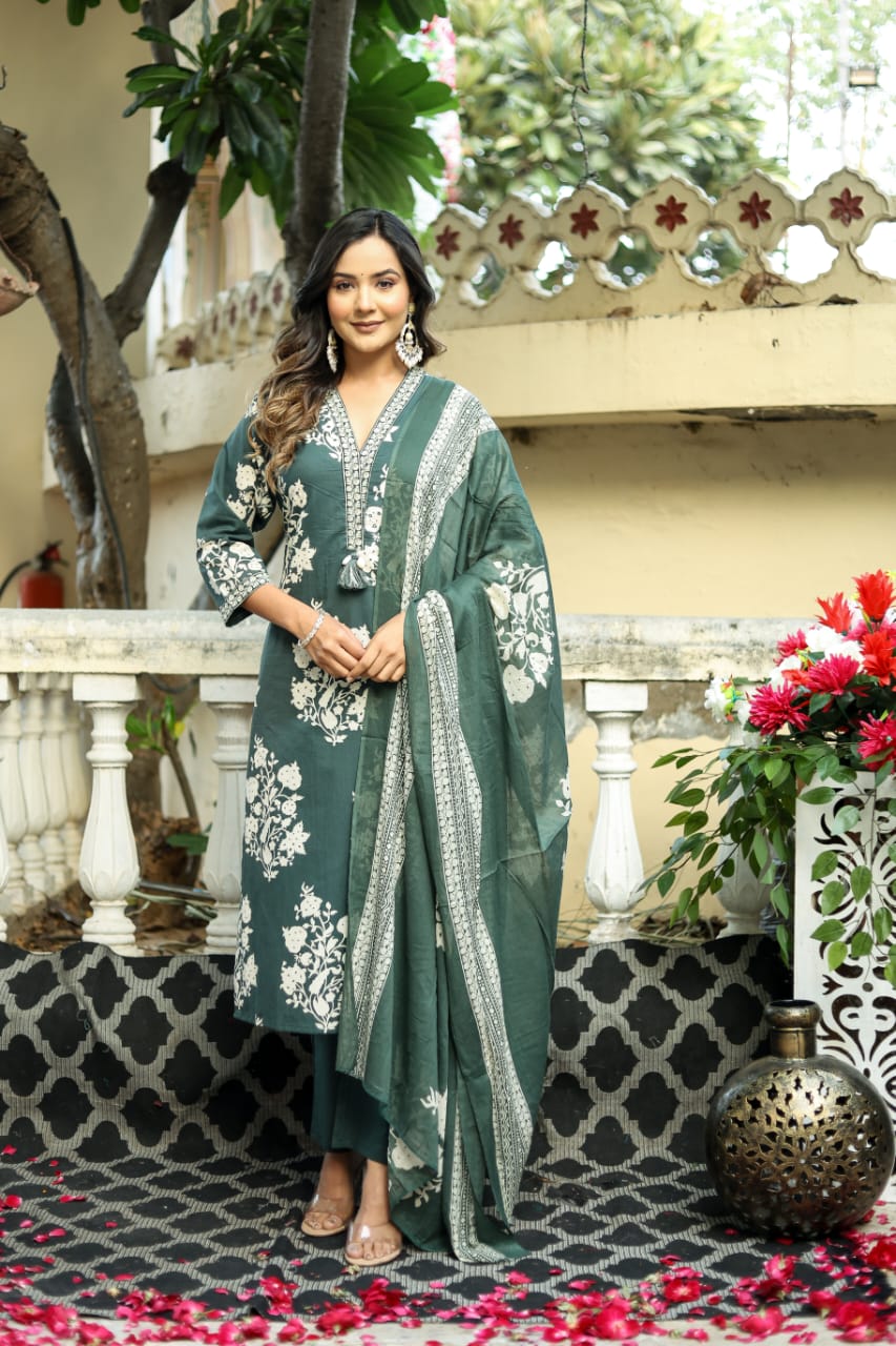Jaipuri Dupatta Suit Set | Green