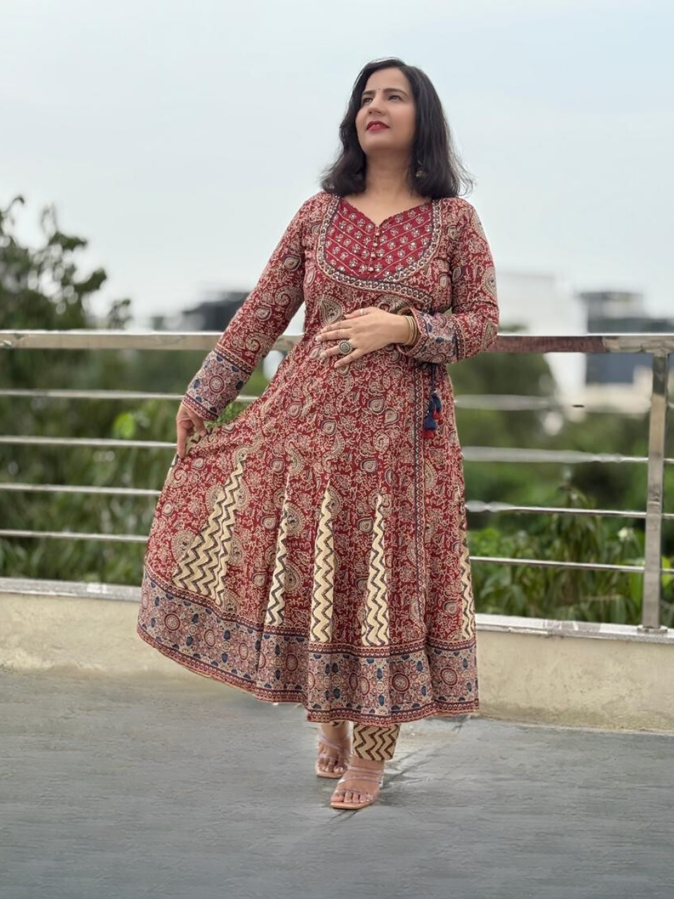Jaipuri Maroon Anarkali Set with Chevron Detailing