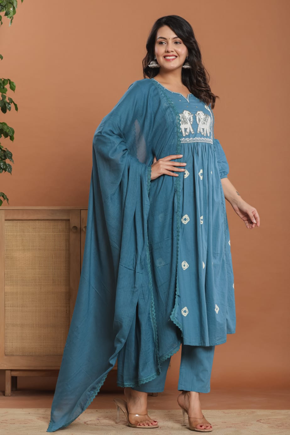 Jaipur Cotton Suite Set | Handwork on Neckline | Intricately designed Elephants Motifs