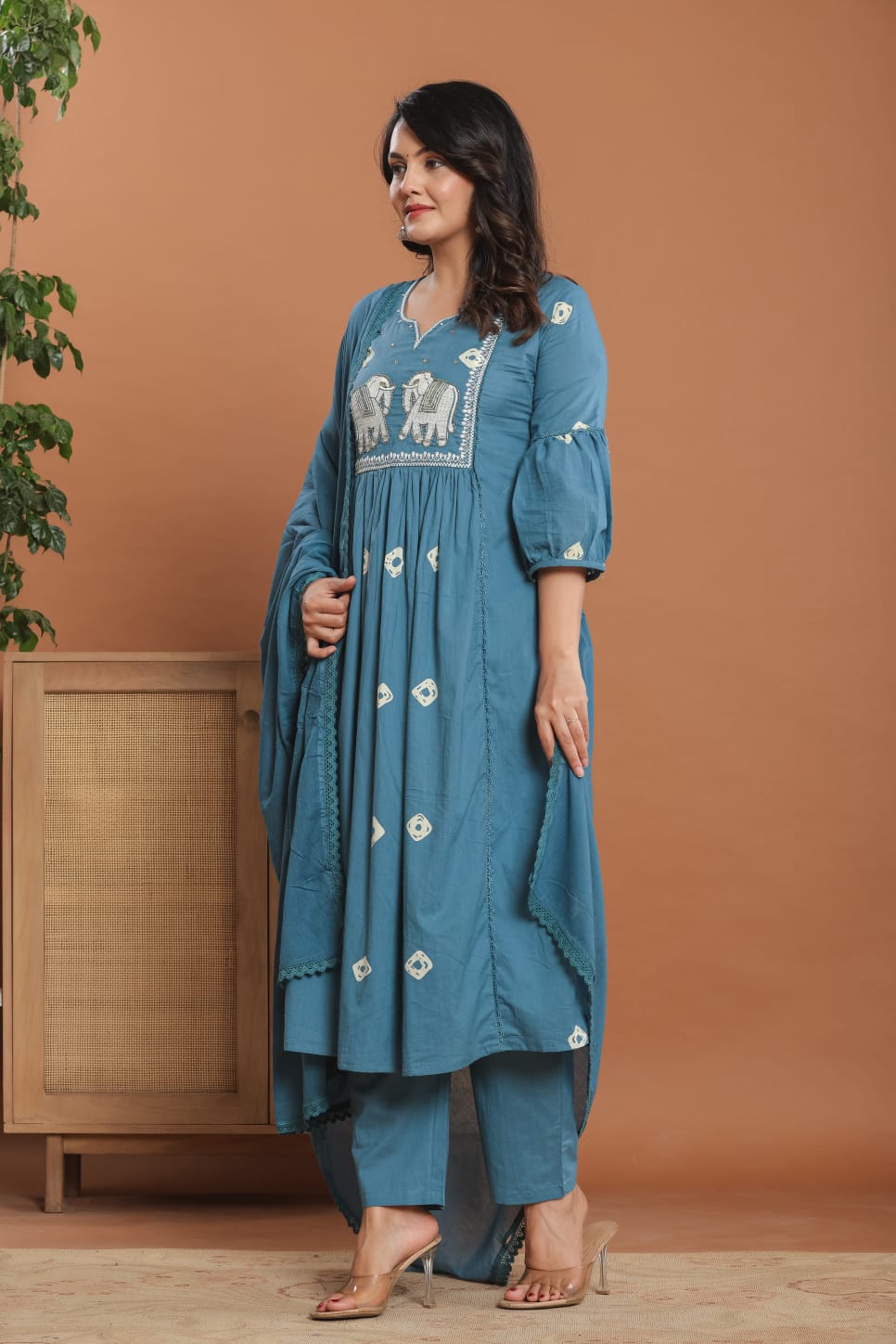 Jaipur Cotton Suite Set | Handwork on Neckline | Intricately designed Elephants Motifs