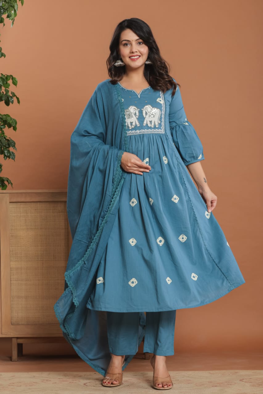 Jaipur Cotton Suite Set | Handwork on Neckline | Intricately designed Elephants Motifs