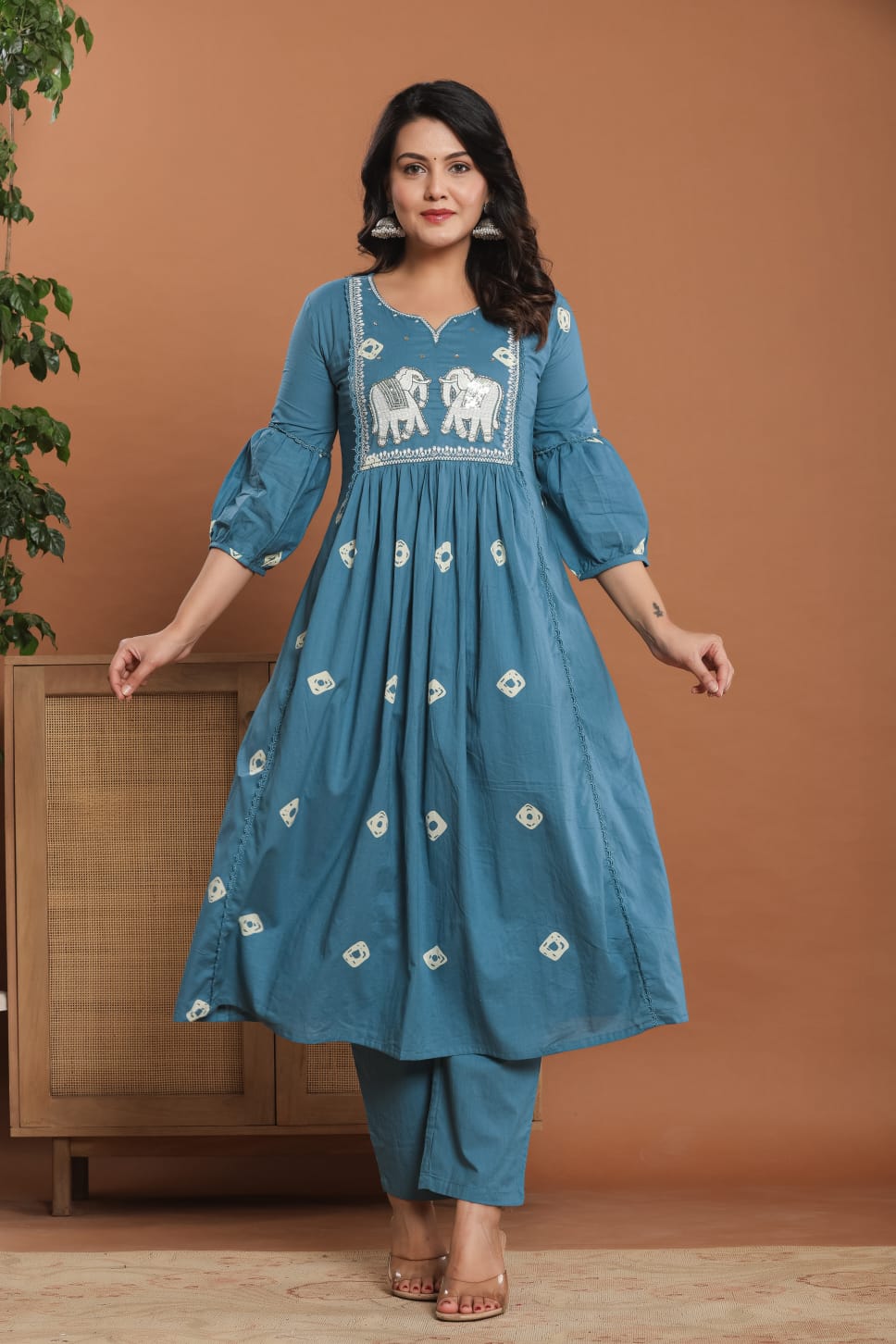 Jaipur Cotton Suite Set | Handwork on Neckline | Intricately designed Elephants Motifs