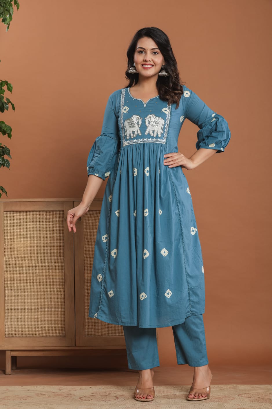 Jaipur Cotton Suite Set | Handwork on Neckline | Intricately designed Elephants Motifs
