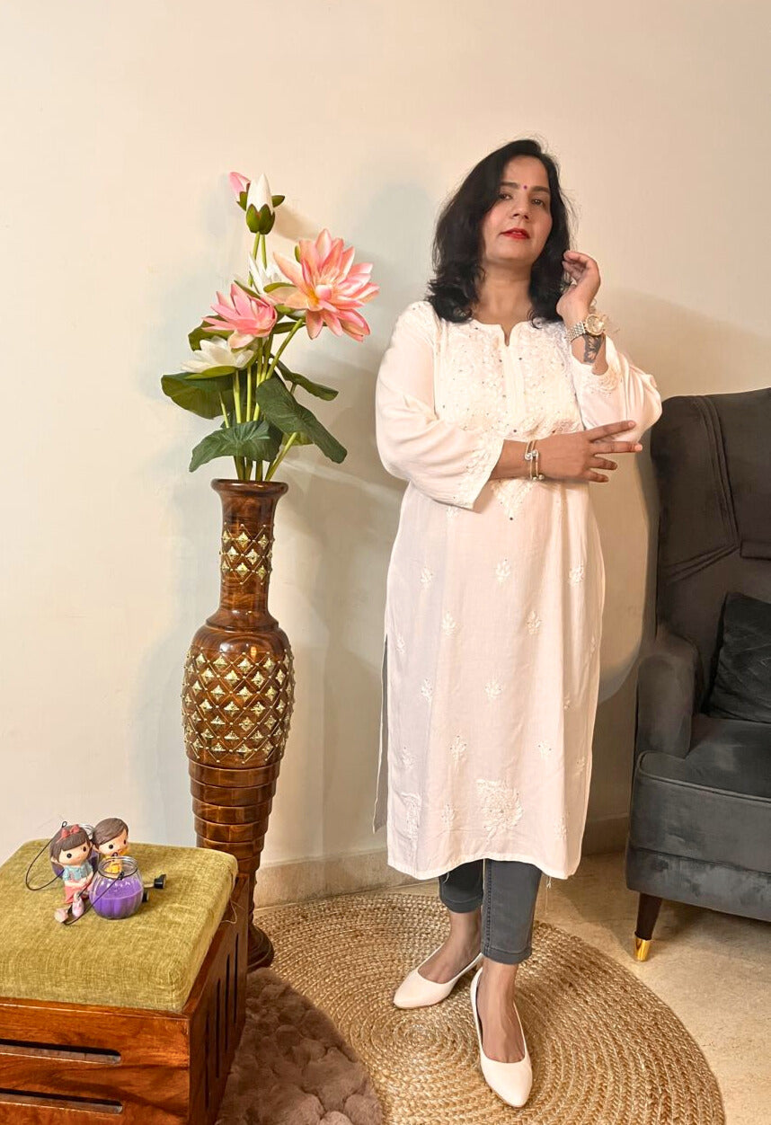 Rayon Chikankari Mukesh Work Kurti | White