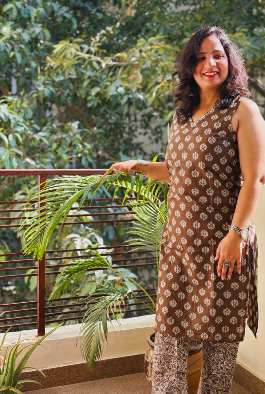 2 Pc Jaipuri Kurti & Bottom | Brown