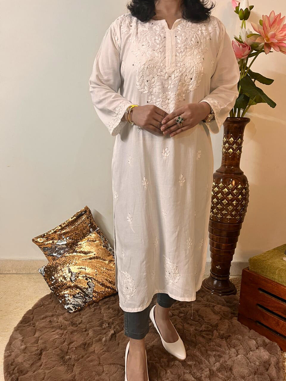 Rayon Chikankari Mukesh Work Kurti | White