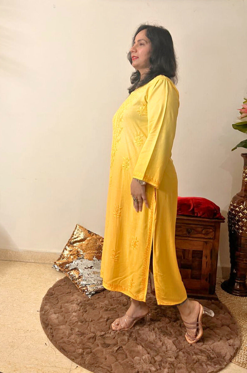 Rayon Chikankari Kurti | Yellow
