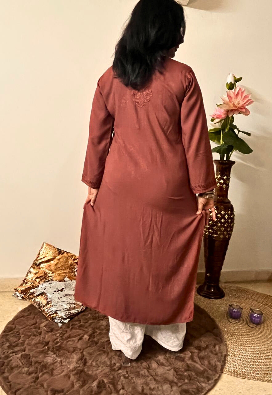 Rayon Chikankari Kurti | Brown
