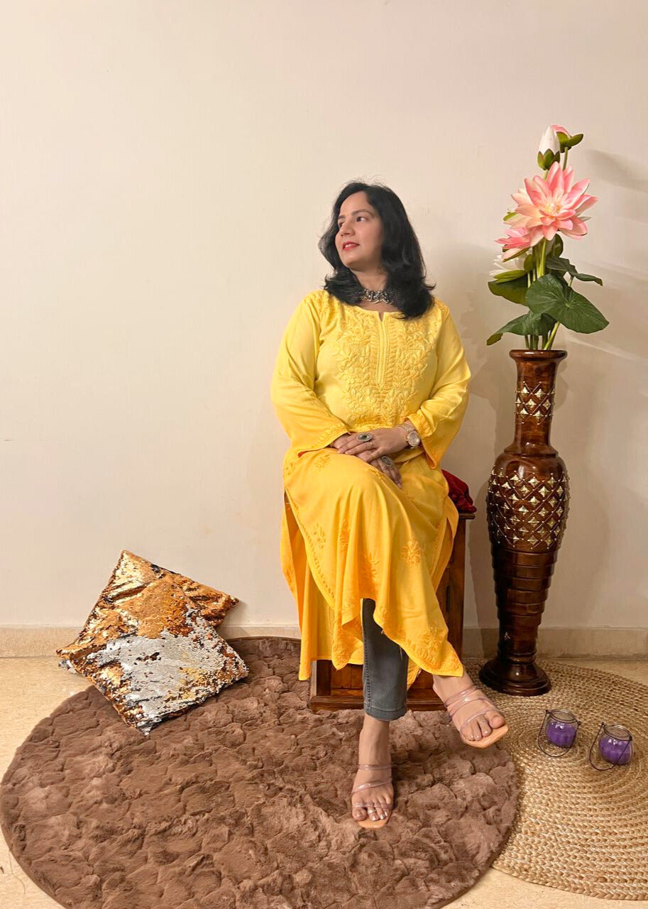 Rayon Chikankari Kurti | Yellow