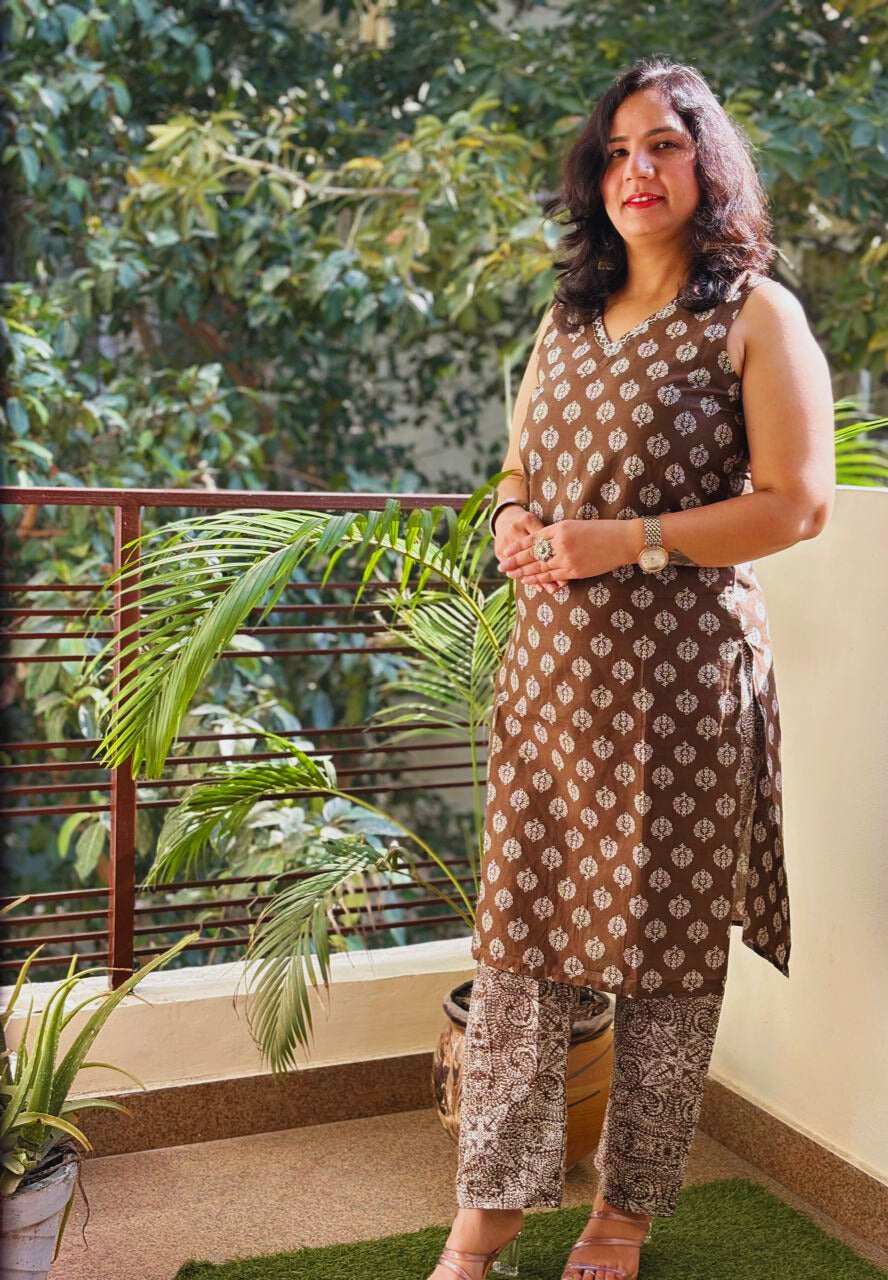 2 Pc Jaipuri Kurti & Bottom | Brown