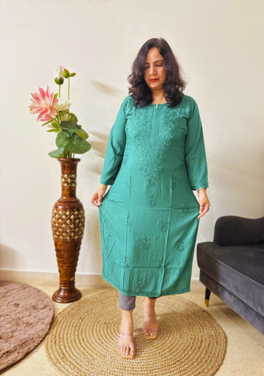 Rayon Chikankari Green Kurti