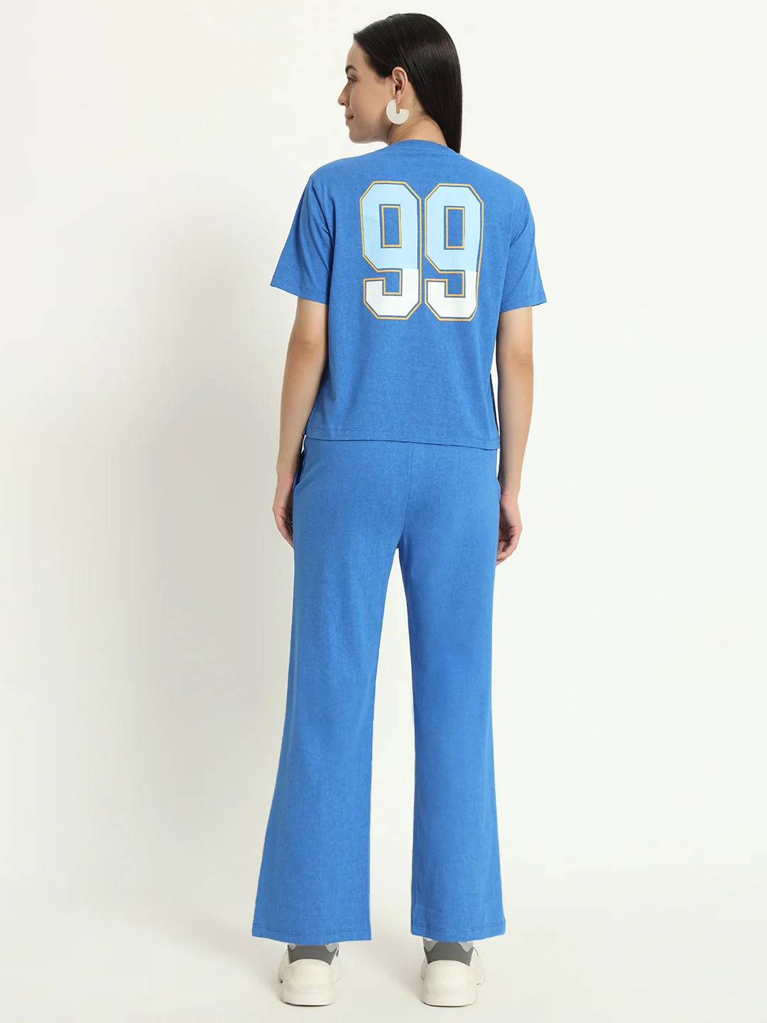 Women Co-ord set | Graphic Printed Pure Cotton T-Shirt With Trousers | Royal Blue
