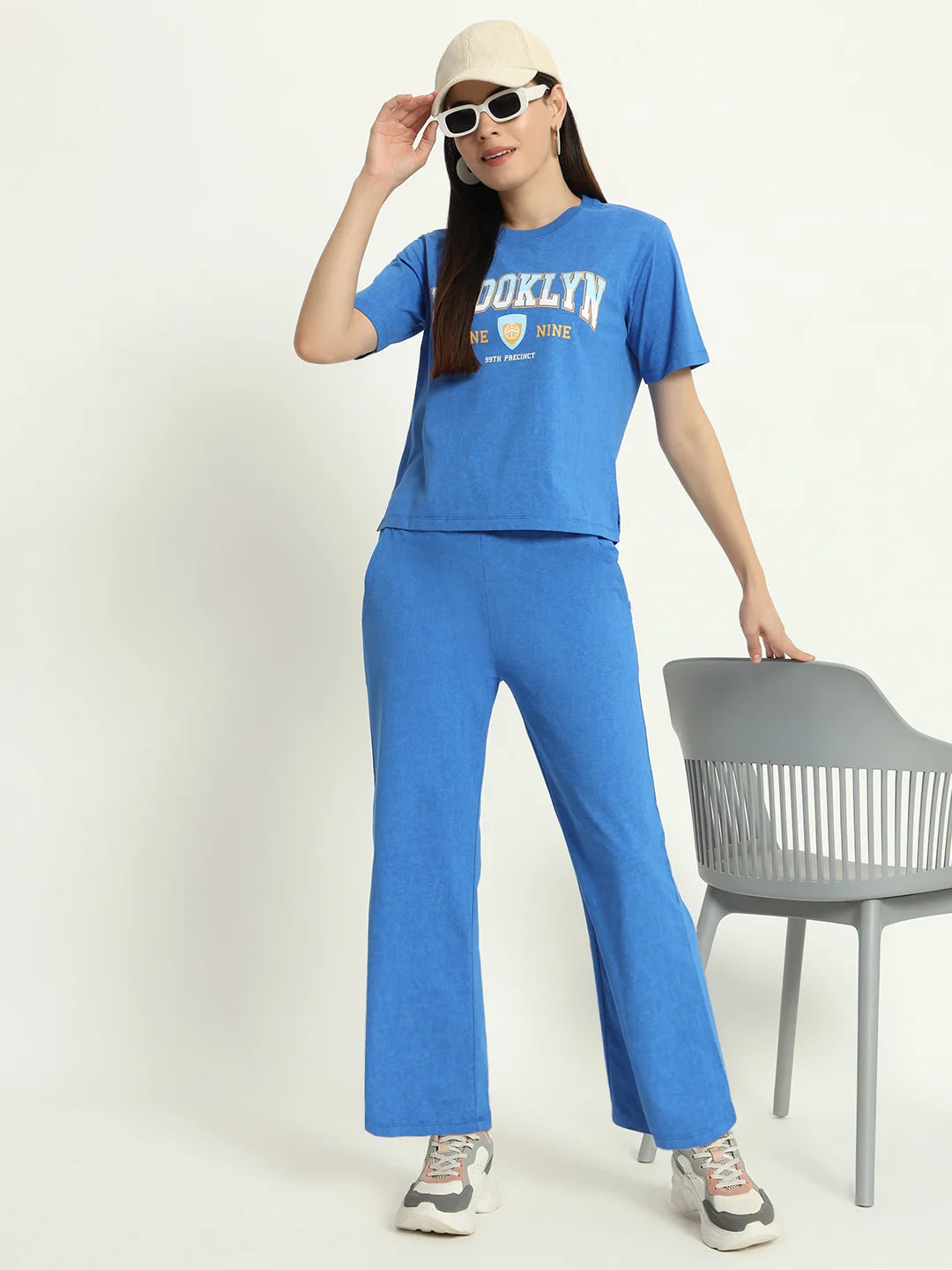 Women Co-ord set | Graphic Printed Pure Cotton T-Shirt With Trousers | Royal Blue