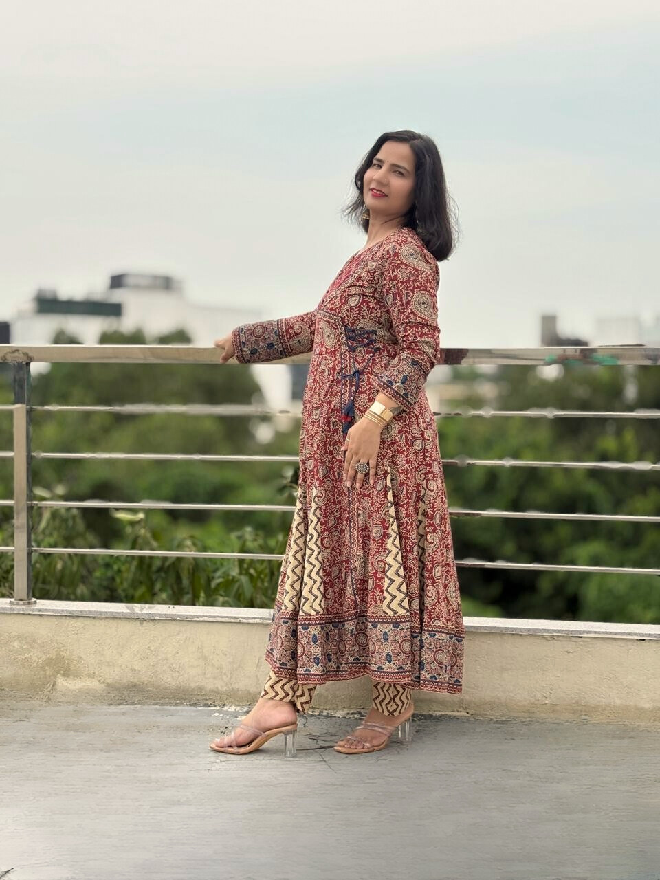 Jaipuri Maroon Anarkali Set with Chevron Detailing