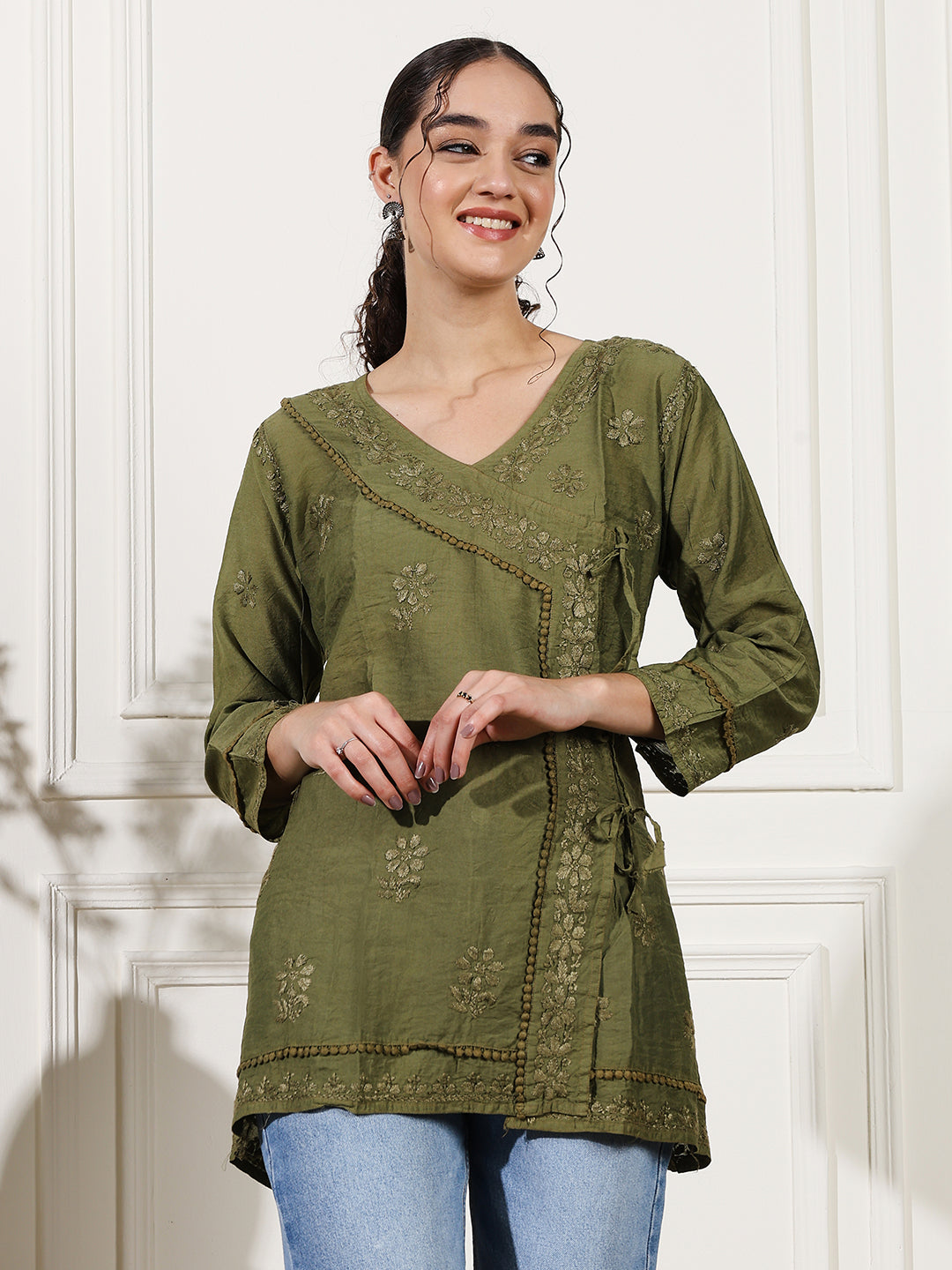 Green Chanderi Angrakha Short Kurti with Handcrafted Chikankari Work