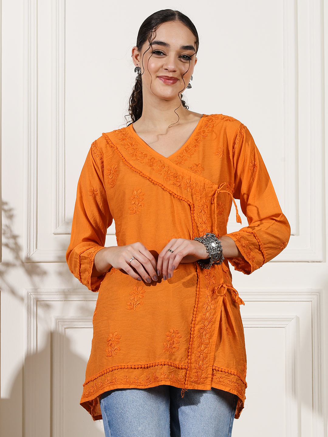 Orange Chanderi Angrakha Short Kurti with Handcrafted Chikankari Work