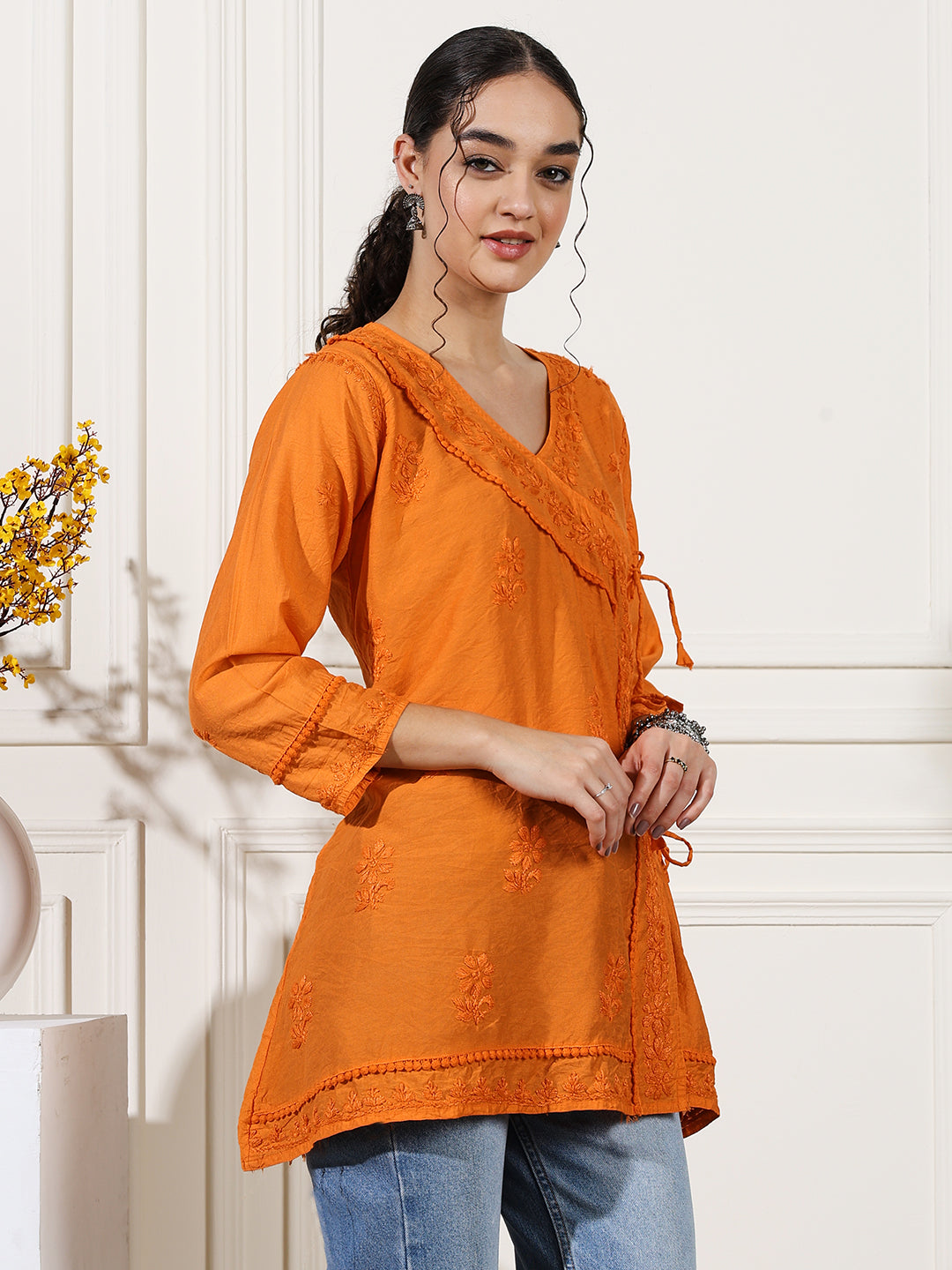 Orange Chanderi Angrakha Short Kurti with Handcrafted Chikankari Work
