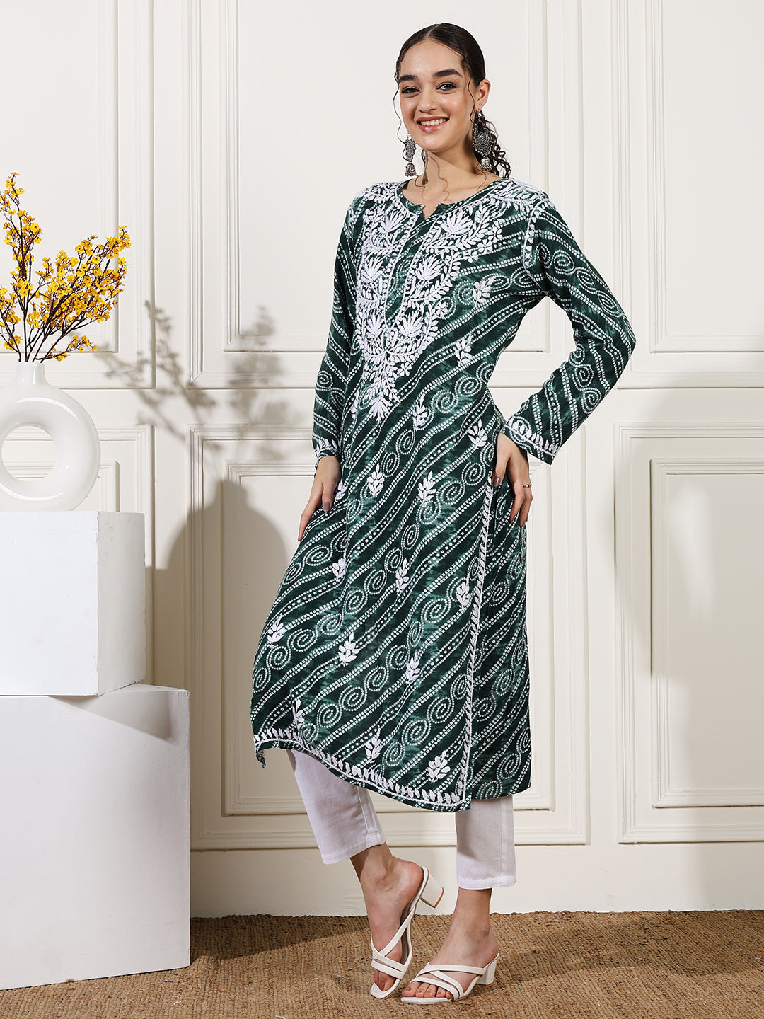 Green Color Rayon Chikankari Bandhani Kurti